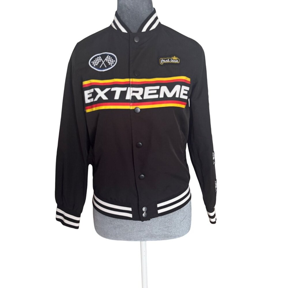 Extreme Racing Jacket Snap Button Closure Black White Striped Cuffs & Hem Embroi